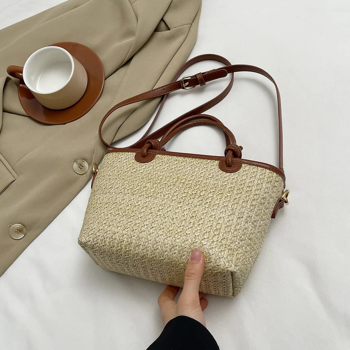 Hand-embroidered straw bag
