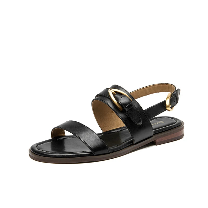 Real leather flat sandal with metal buckle