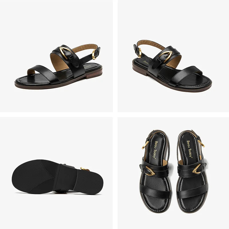 Real leather flat sandal with metal buckle