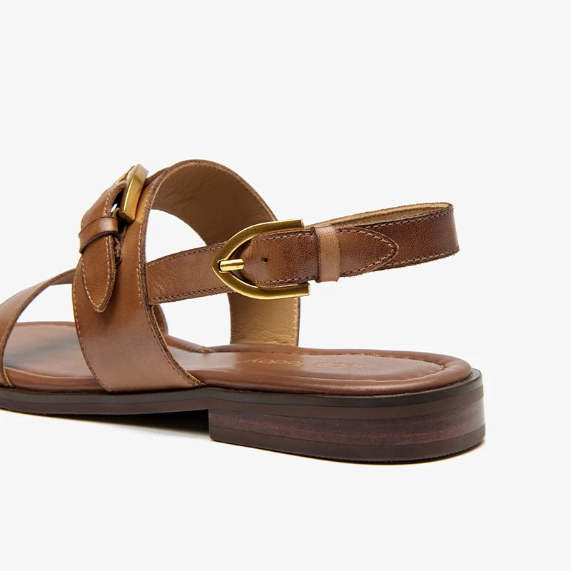 Real leather flat sandal with metal buckle