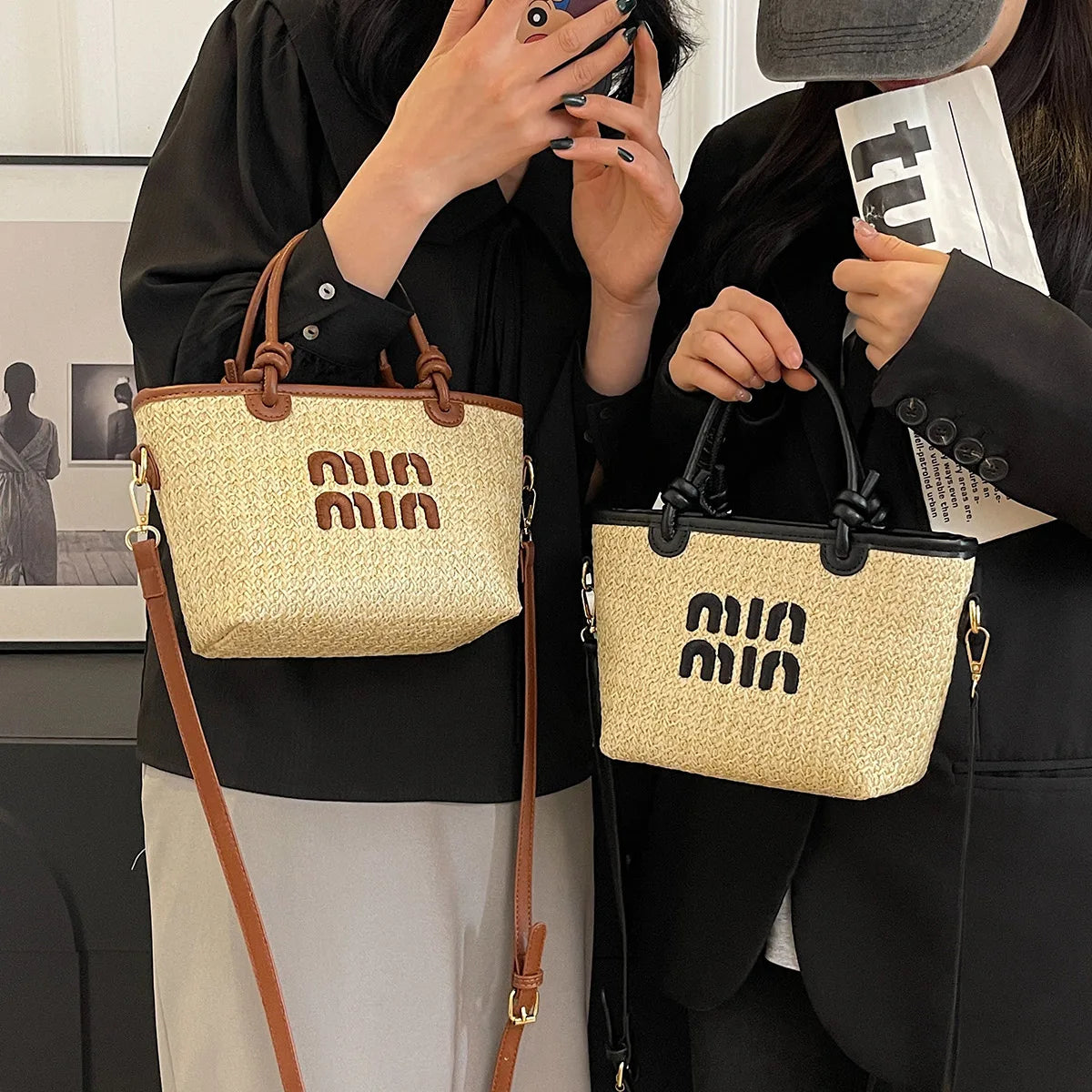 Hand-embroidered straw bag